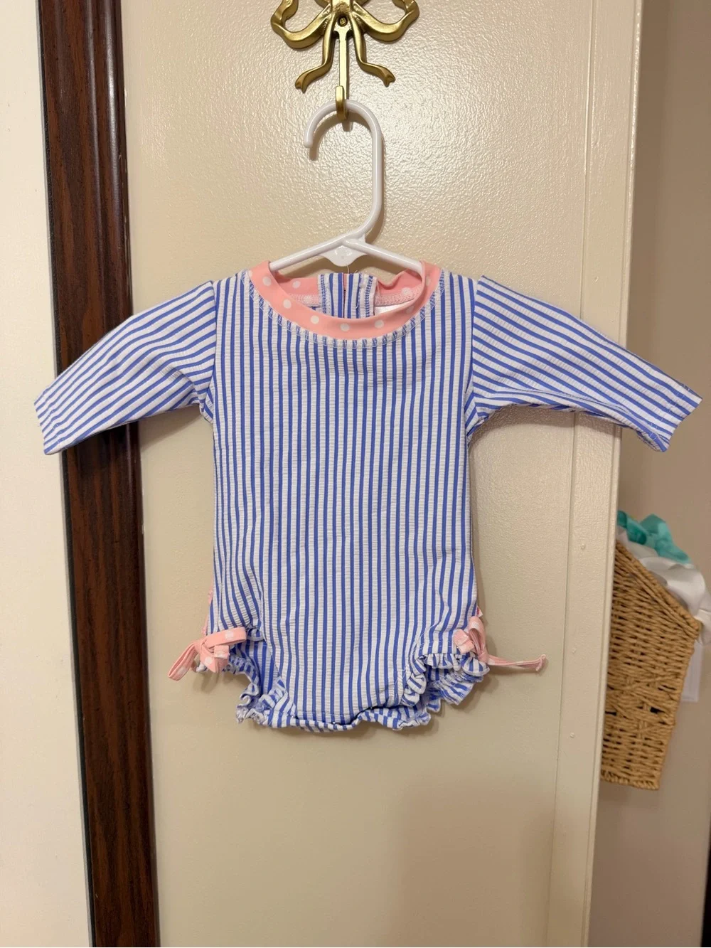 Ruffle Butts Blue & White Striped Long-Sleeve One-Piece with Pink Trim